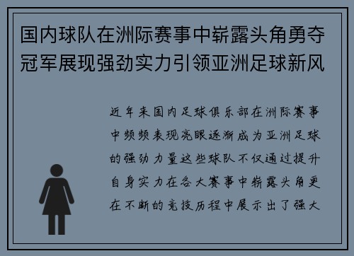 国内球队在洲际赛事中崭露头角勇夺冠军展现强劲实力引领亚洲足球新风潮